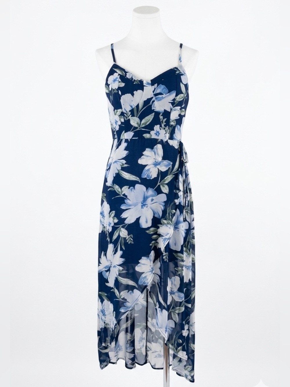 Lily Rose Blue Floral High-Low Wrap Faux Midi Dress Size M